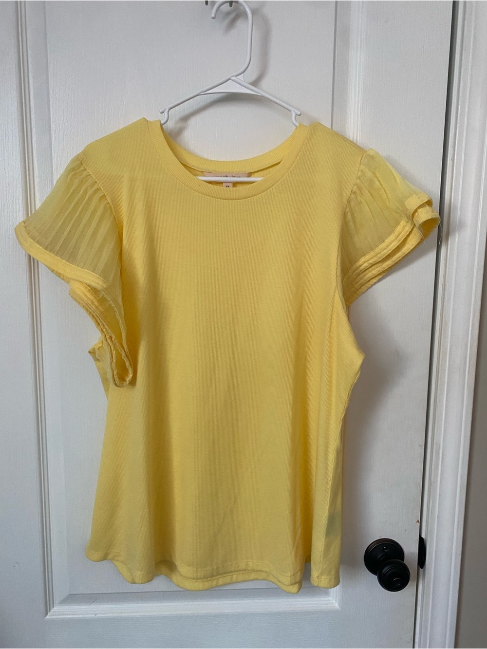 Women's Yellow Short Sleeve Top with Pleated Flutter Sleeves